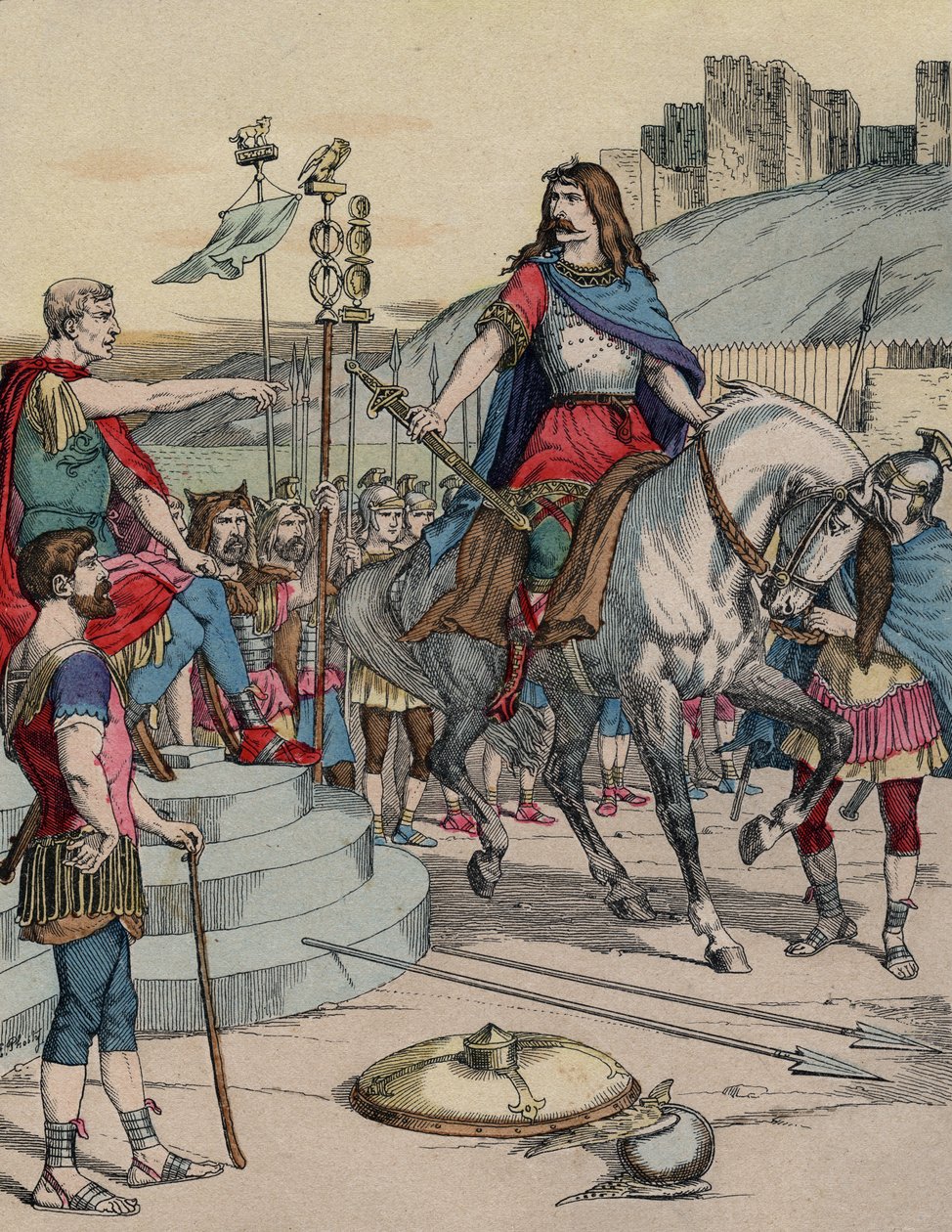 Den galliske hövdingen Vercingetorix (72-46 f.Kr.) överlämnade sig till den romerske hövdingen Julius Caesar (100-44 f.Kr.) efter slaget vid Alesia 52 f.Kr. - "" Den galliske ledaren Vercingetorix (72-46 f.Kr.) överlämnade sig till den romerske hövdingen J av French School