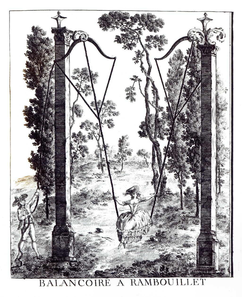 Trädgårdsgungan vid Rambouillet, från Details des Nouveaux Jardins a la Mode av George Louis le Rouge, publicerad 1775-78 av French School