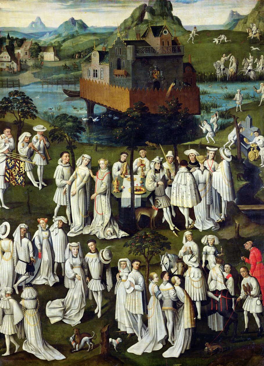 Kärlekens trädgård vid Filip den godes hov, i trädgårdarna i Chateau de Hesdin 1431 av French School