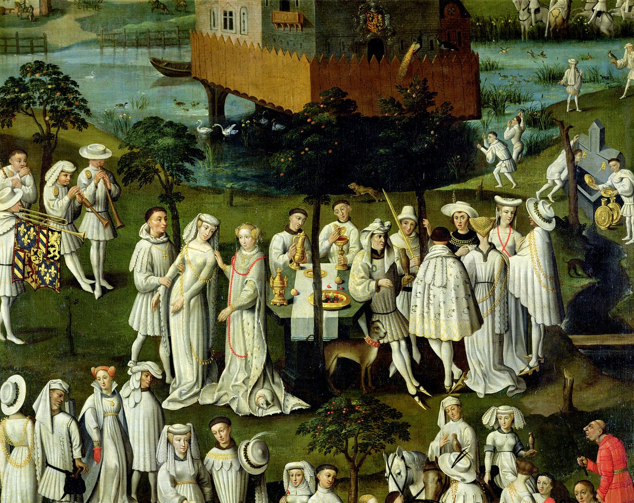 Kärlekens trädgård vid Filip den godes hov, i trädgårdarna i Chateau de Hesdin 1431 (detalj av 32980) av French School