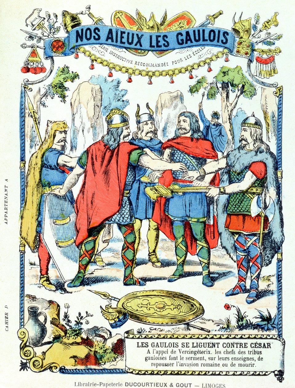 De galliska ledarna i förbundet mot Julius Caesar (100-44 f.Kr.) ledda av Vercingetorix (d.46 f.Kr.) från en skyddshylsa för skolböcker, sent 1800-tal av French School