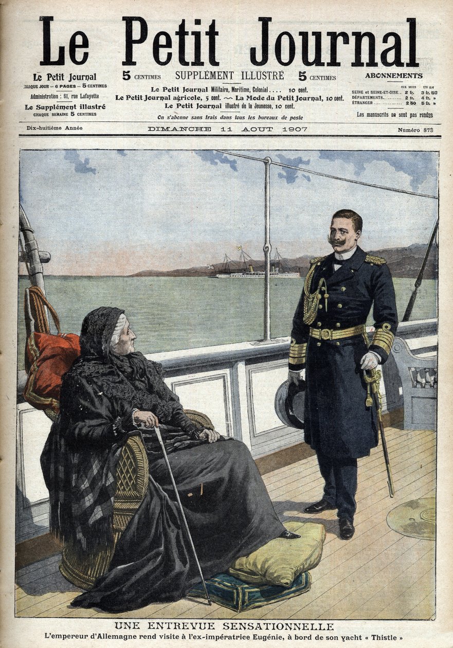 Den tyske kejsaren Vilhelm II (1859-1941) besökte den tidigare kejserliga Eugenia (1826-1920) ombord på sin yacht "Thistle", "Le petit journal" den 11 augusti 1907 (gravyr) av French School