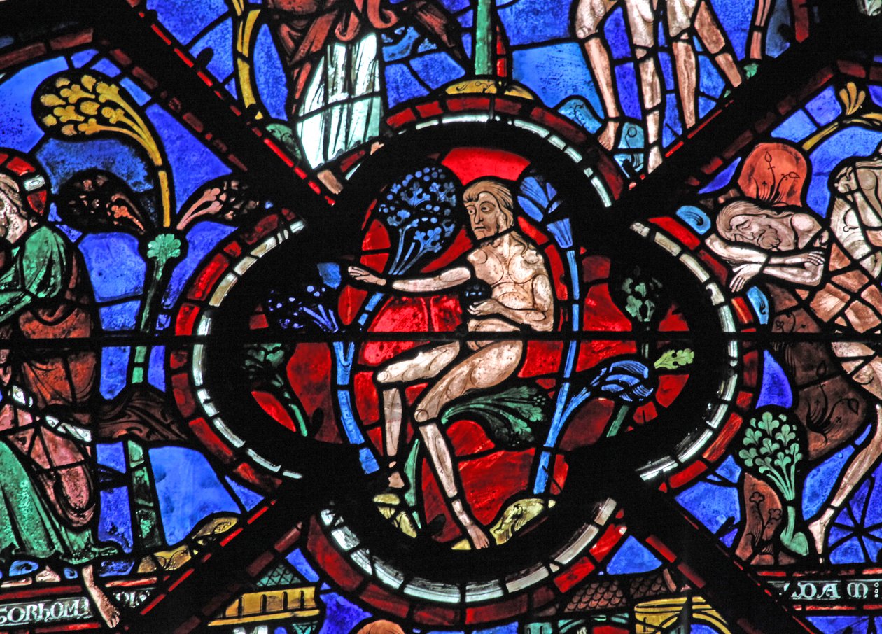Det barmhärtige samaritfönstret: Adam i Edens lustgård (w44) av French School
