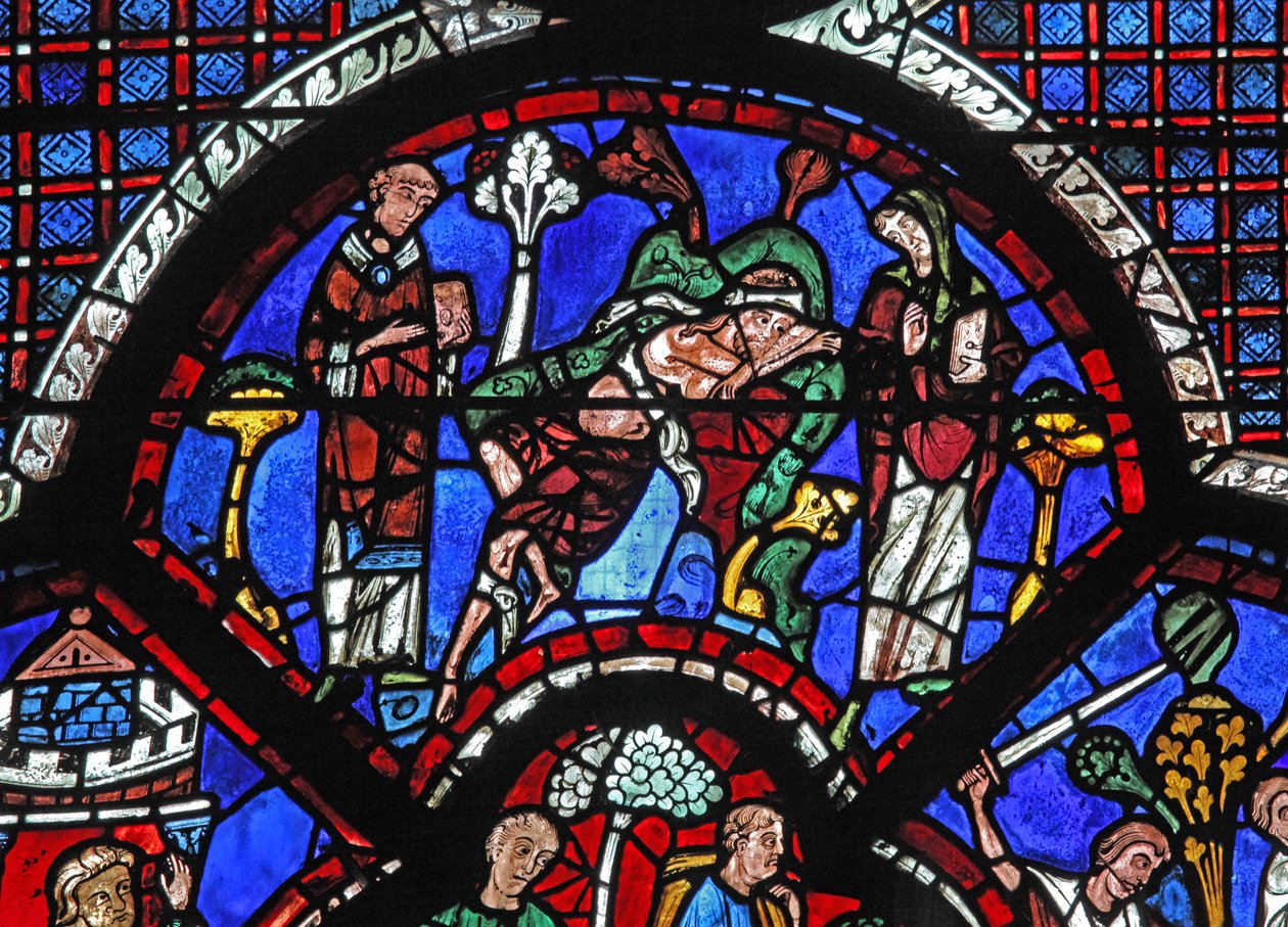 Det barmhärtige samaritfönstret: en präst och Levi går förbi (w44) av French School