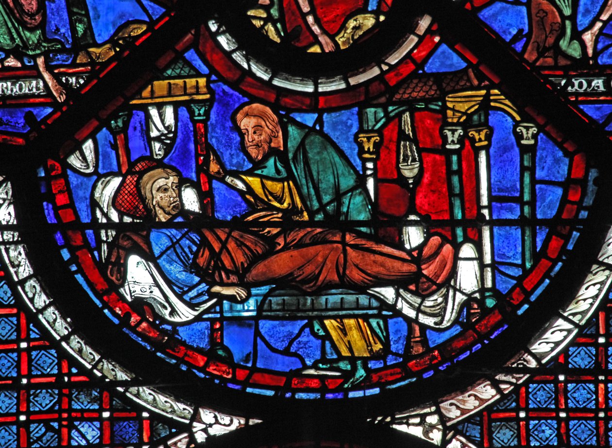Det barmhärtige samaritfönstret: samariten tar hand om den sårade mannen (w44) av French School