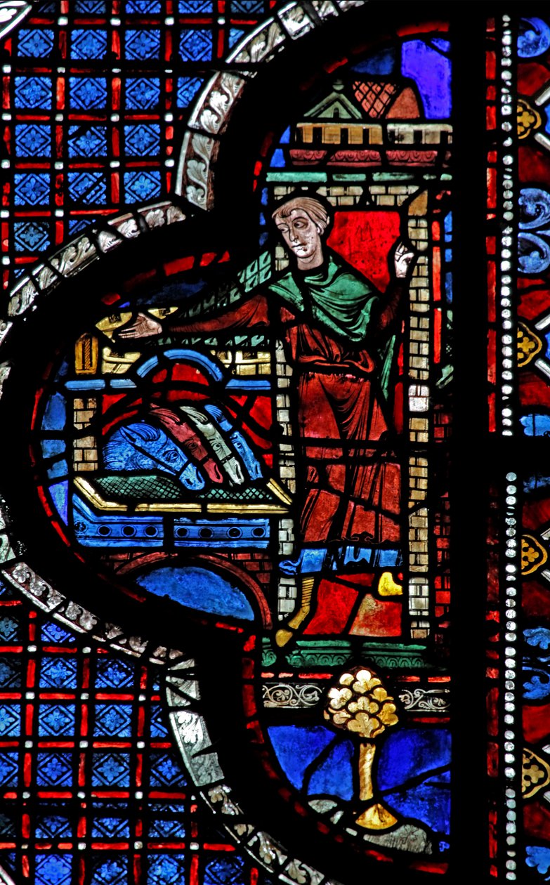 Det barmhärtige samaritfönstret: värdshuset tar emot samariten och den sårade mannen (w44) av French School