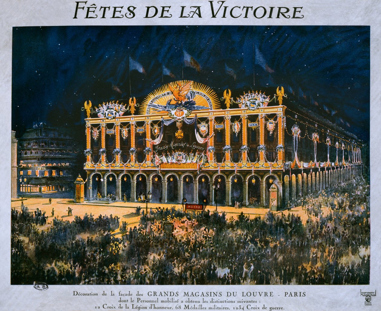 Grands Magasins du Louvren dekorerade för firandet av 1918 års seger, 14 juli 1919 av French School