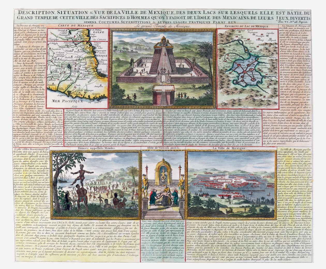 Det stora templet, kartor över Mexiko och dess omgivningar (färgad gravyr) av French School