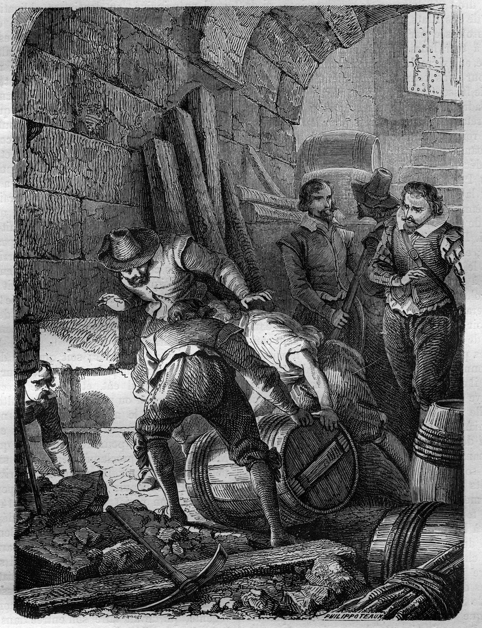 Krutplanen: Katolikers konspiration bildades för att mörda kung James I, hans familj och en del av aristokratin genom att detonera Palace of Westminster (London) vid parlamentets invigningsceremonin den 5 november 1605. Gravyr i "" History of the av French School