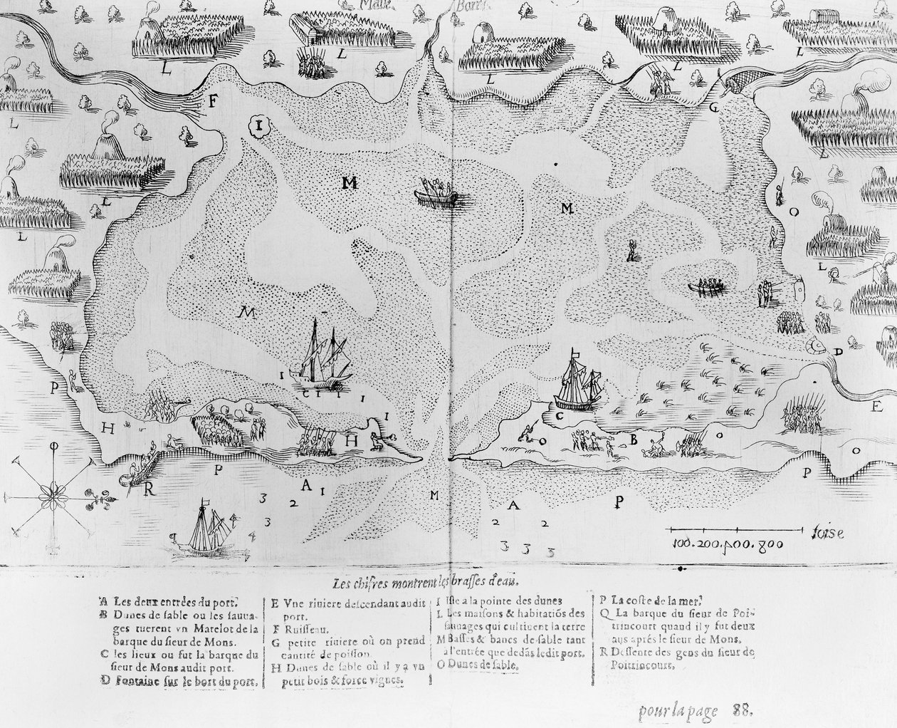 Cape Cods hamn, från Voyages de sieur Champlain av Samuel de Champlain (1567-1635) publicerad i Paris, 1613 av French School