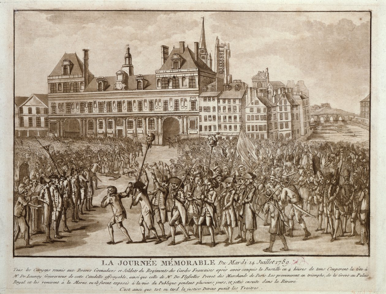 Cheferna för Launay och Flesselles promenerade framför Hotel de Ville, 14 juli 1789 av French School