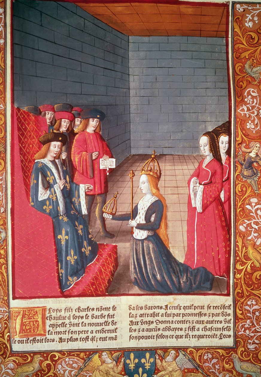 Den heliga romerska kejsarinnan Richilde av Provence i Compiegne överlämnade till Ludvig Stammeraren kronan och spiran som hade tillhört hans far Karl II "den skallige", från "Chroniques de France", tryckt av A. Verard av French School