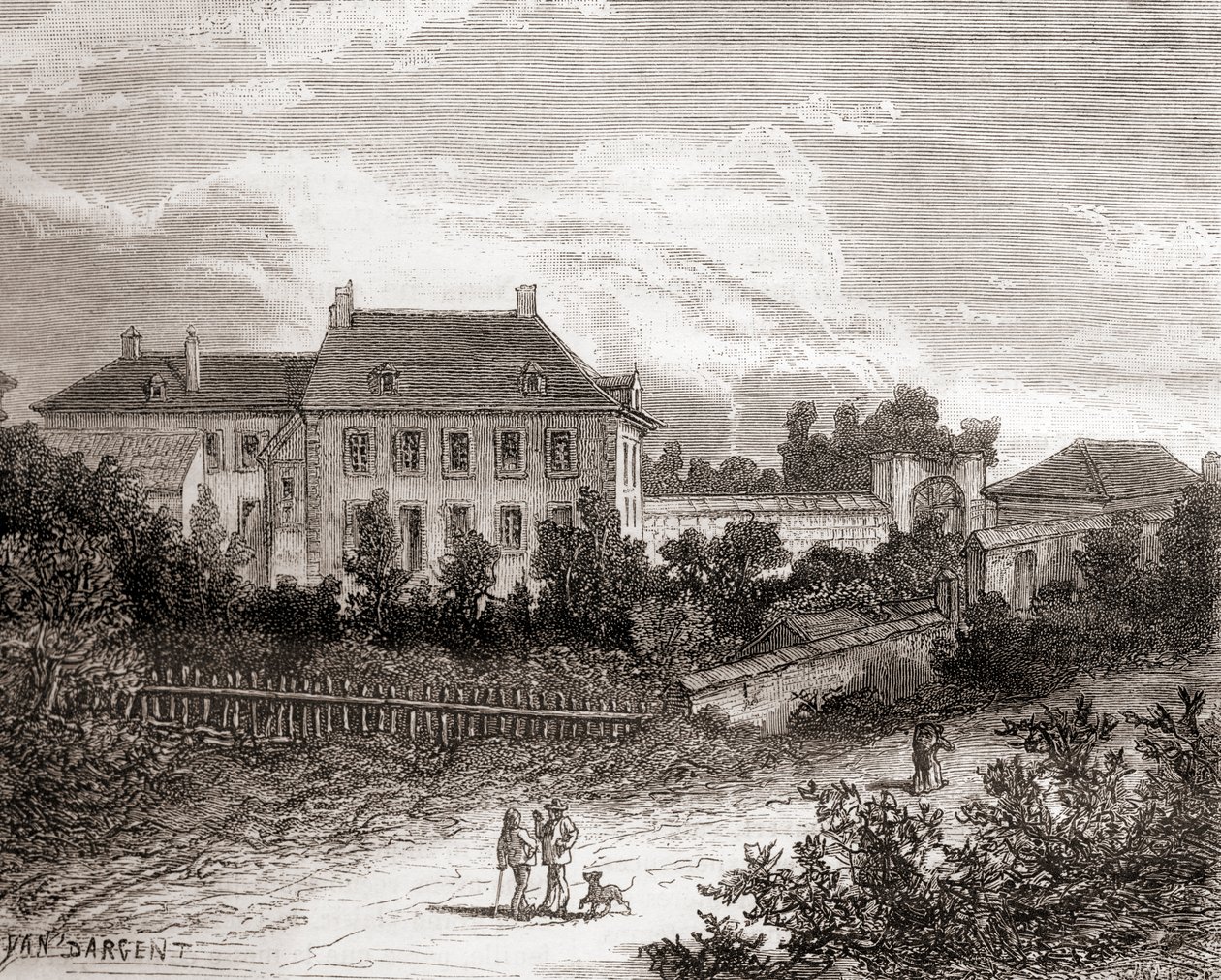 Huset i Gras, nära Chalon-sur-Saône, Frankrike, där den franske uppfinnaren Nicéphore Niépce utvecklade heliografin, från Les Merveilles de la Science, publicerad ca 1870 (gravyr) av French School