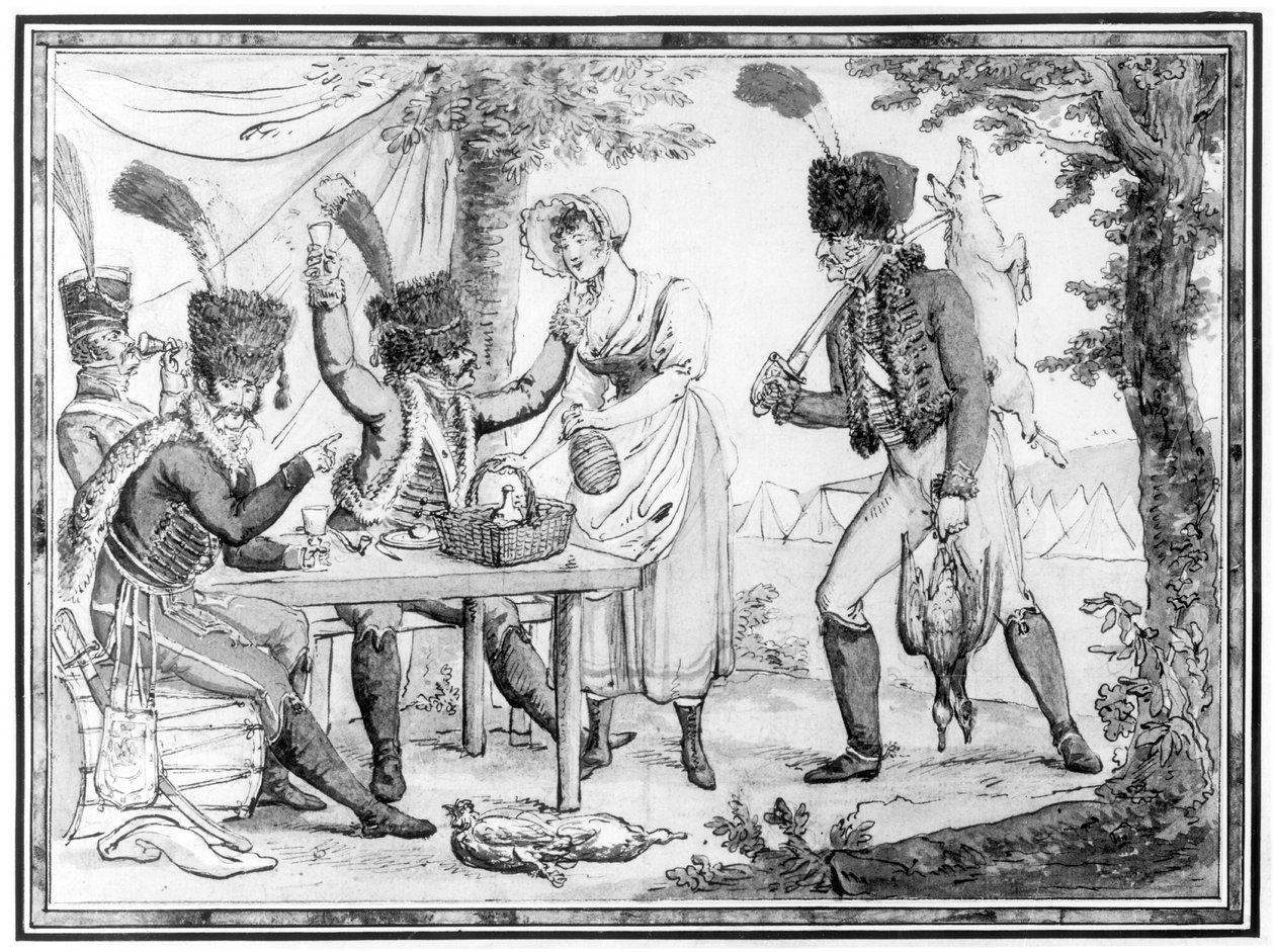 Husarerna och Vivandiere, 1803 (wc på papper) av French School