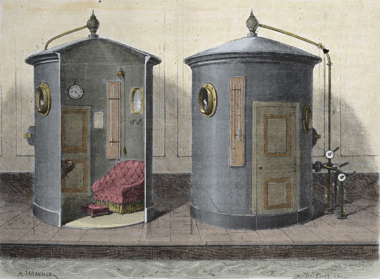 The Hyperbaric Chamber av Paul Bert (1833-1887), fysiolog och fransk politiker. Gravyr från 1855. av French School