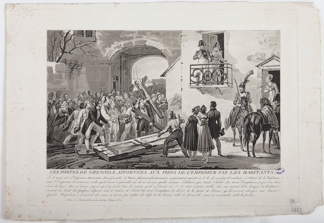 Invånarna deponerar Grenobles portar vid kejsarens fötter, 6 mars 1815, utgiven av Martinet, 1815 av French School