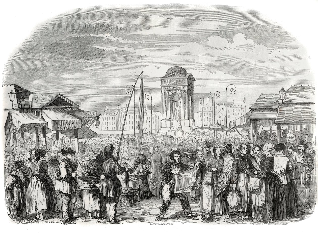 De oskyldiga marscherar i Paris med fontänen - Gravyr i "Tableau-de-Paris" av Edmond Texier 1852 av French School
