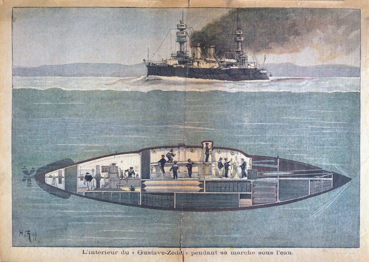 Det inre av Gustave-Zedei under vattnet, 1899 (färggravyr) av French School