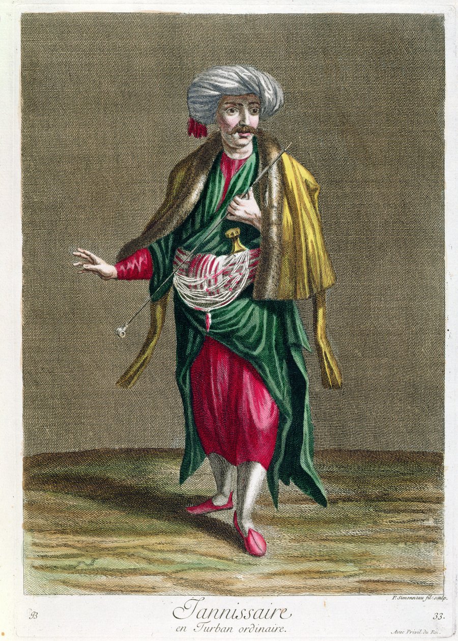 Janitsjaren, från samlingen av tryck av dräkter från Levanten, graverad av Philippe Simonneau (1685-c.1753) 1707-08 av French School