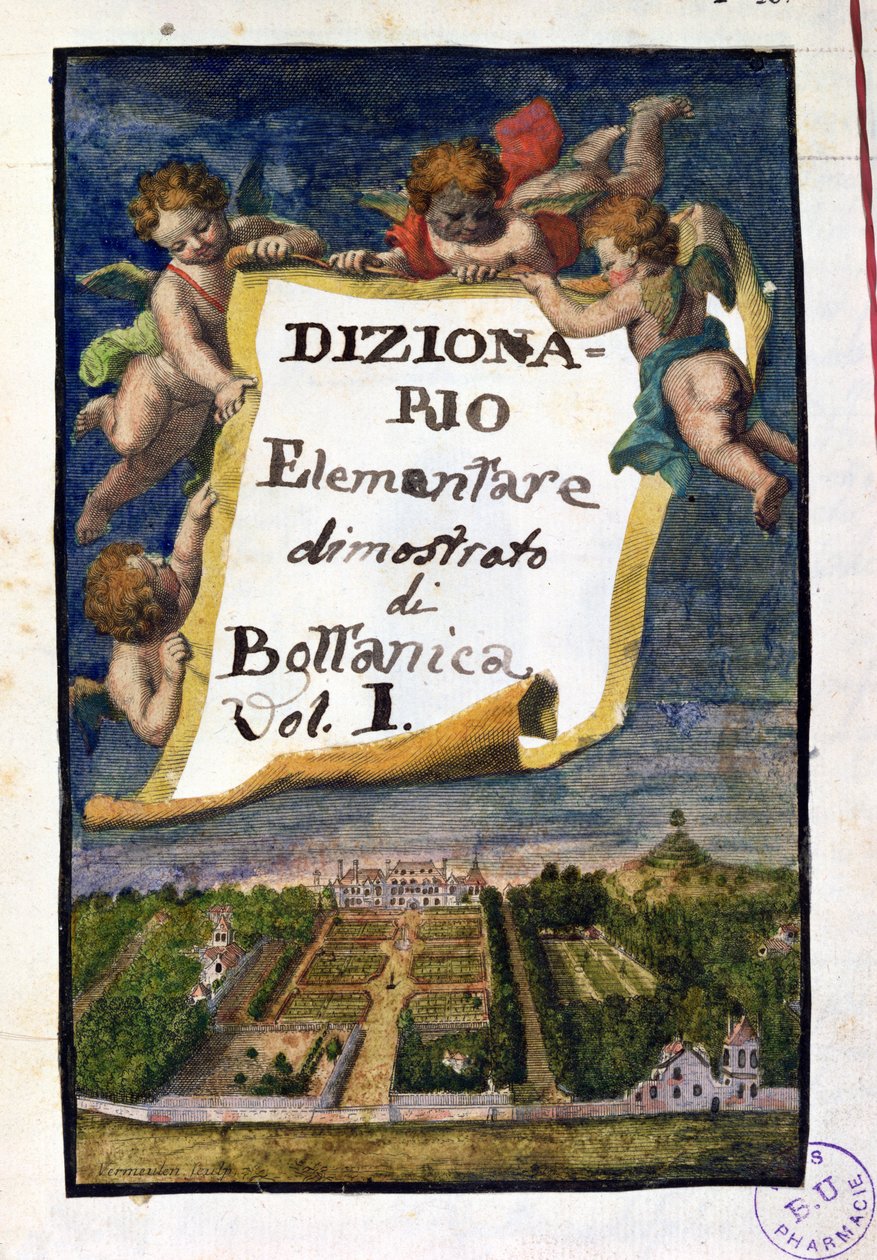 Jardin des Plantes i Paris, frontispice från Dizionario Elementare dimostrato di Bottanica, volym I Istitutiones Rei Herbariae, av Joseph Pitton de Tournefort (1656-1708), publicerad i Paris, 1 av French School