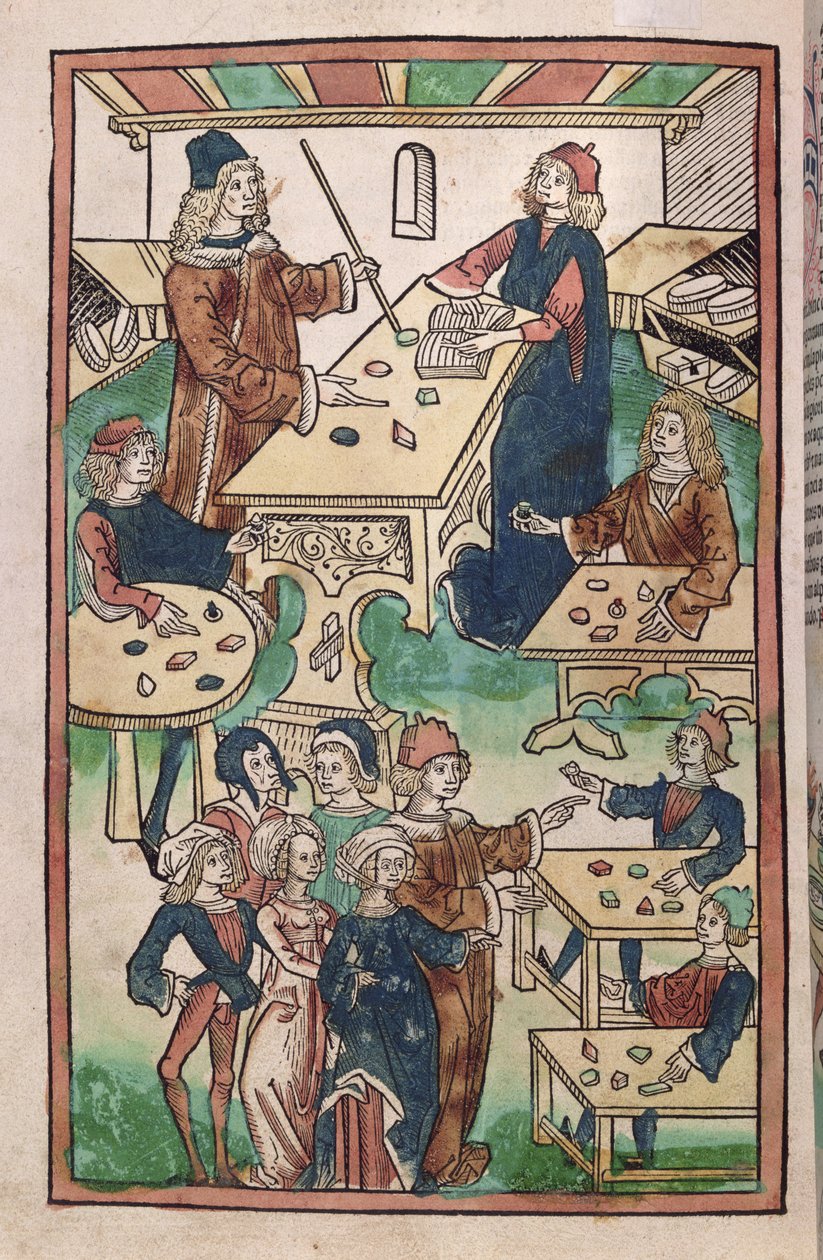 The Jewellers Shop, 1491 (färgat träsnitt) av French School