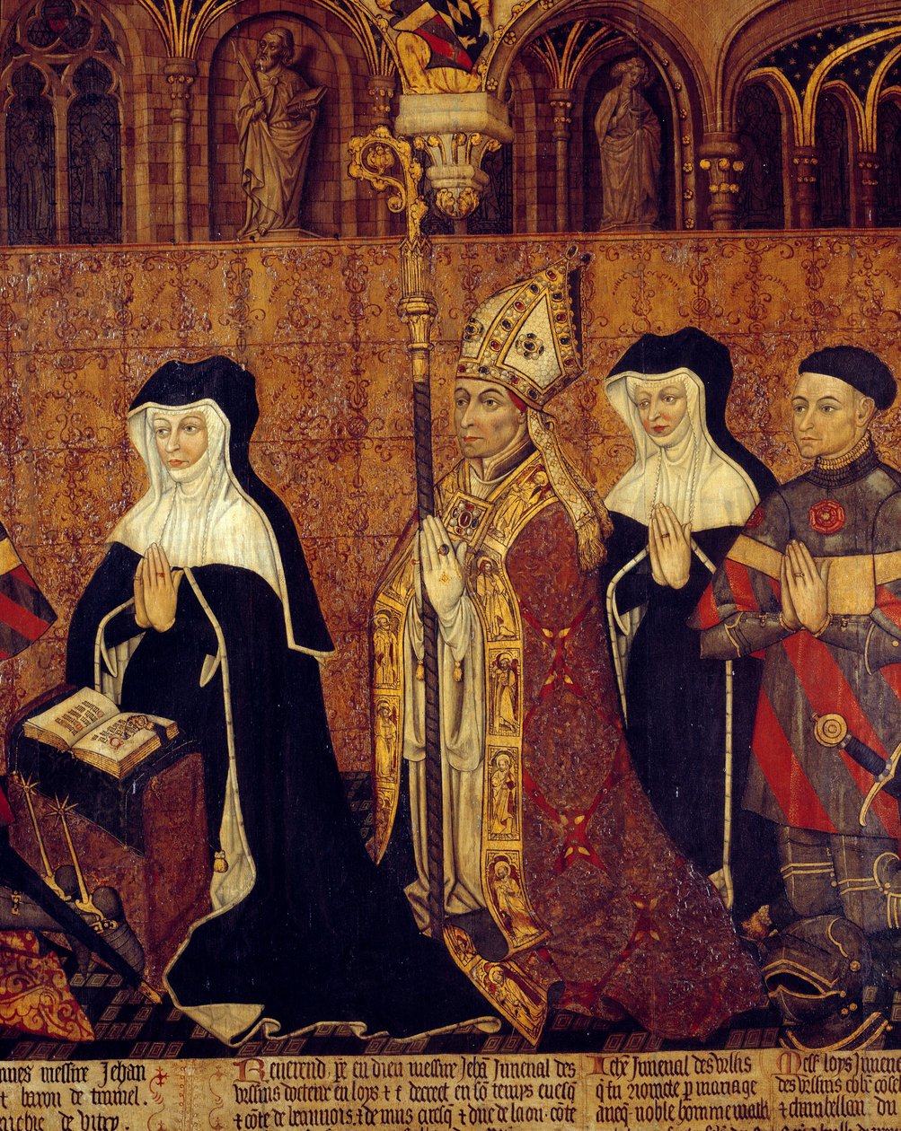 Familjen Jouvenel av Ursins Detalj av arkeveken (till vänster Jean Juvenals fru). Målning på franska skolans trä. 1443-1449. Sön 1,3x3,5 m Paris, medeltidens nationalmuseum, Thermes de Cluny av French School