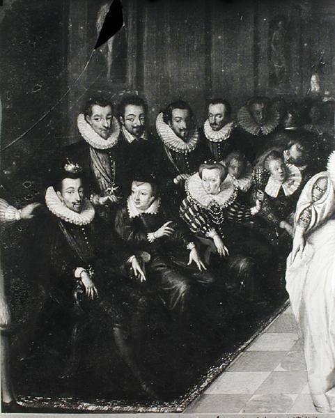 Joyeusebalen, som ges på Louvren i samband med äktenskapet mellan Anne hertig av Joyeuse (1561-87) med Marguerite de Vaudemont den 24 september 1581, ca 1582 (detaljer) av French School