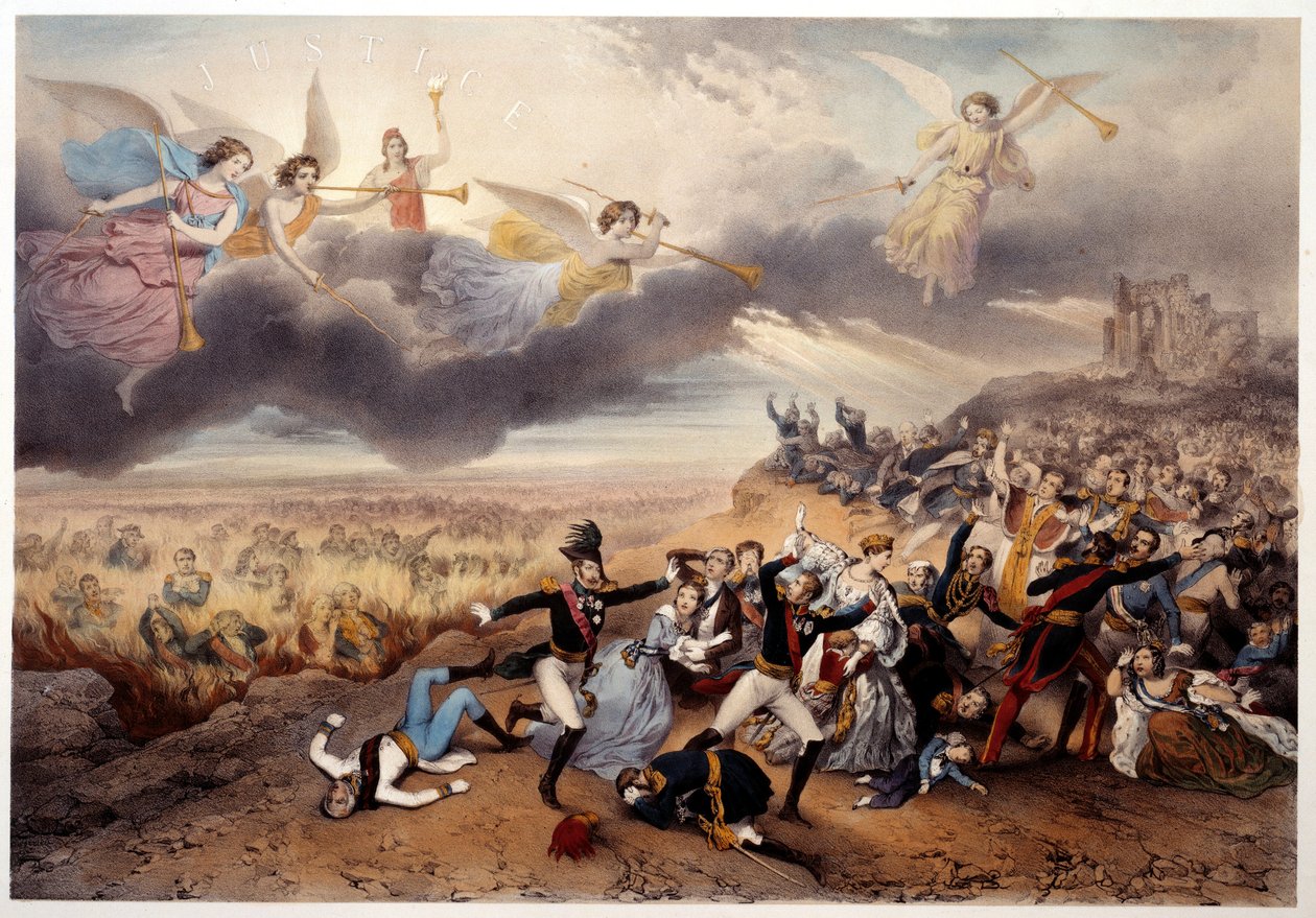 Guds dom Apokalypsens änglar blåser i trumpeterna och tillkännager den sista domen innan monarkerna och andra huvudpersoner i fransk historia, Napoleon I och representanter för den gamla regimen brinner i helvetets lågor. Illustration gjord av French School