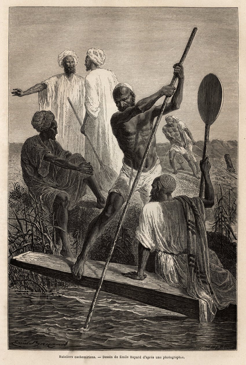 De kashmiriska båtsmännen, i närheten av Srinagar (Shrinagar), i full arbete - Gravyr för att illustrera berättelsen om Pandjab och Kashmir, av Guillaume Lejean 1866, publicerad i "" Le tour du monde"" 1870-1871, redigerad av Edouard Charton, Hachette-utgå av French School