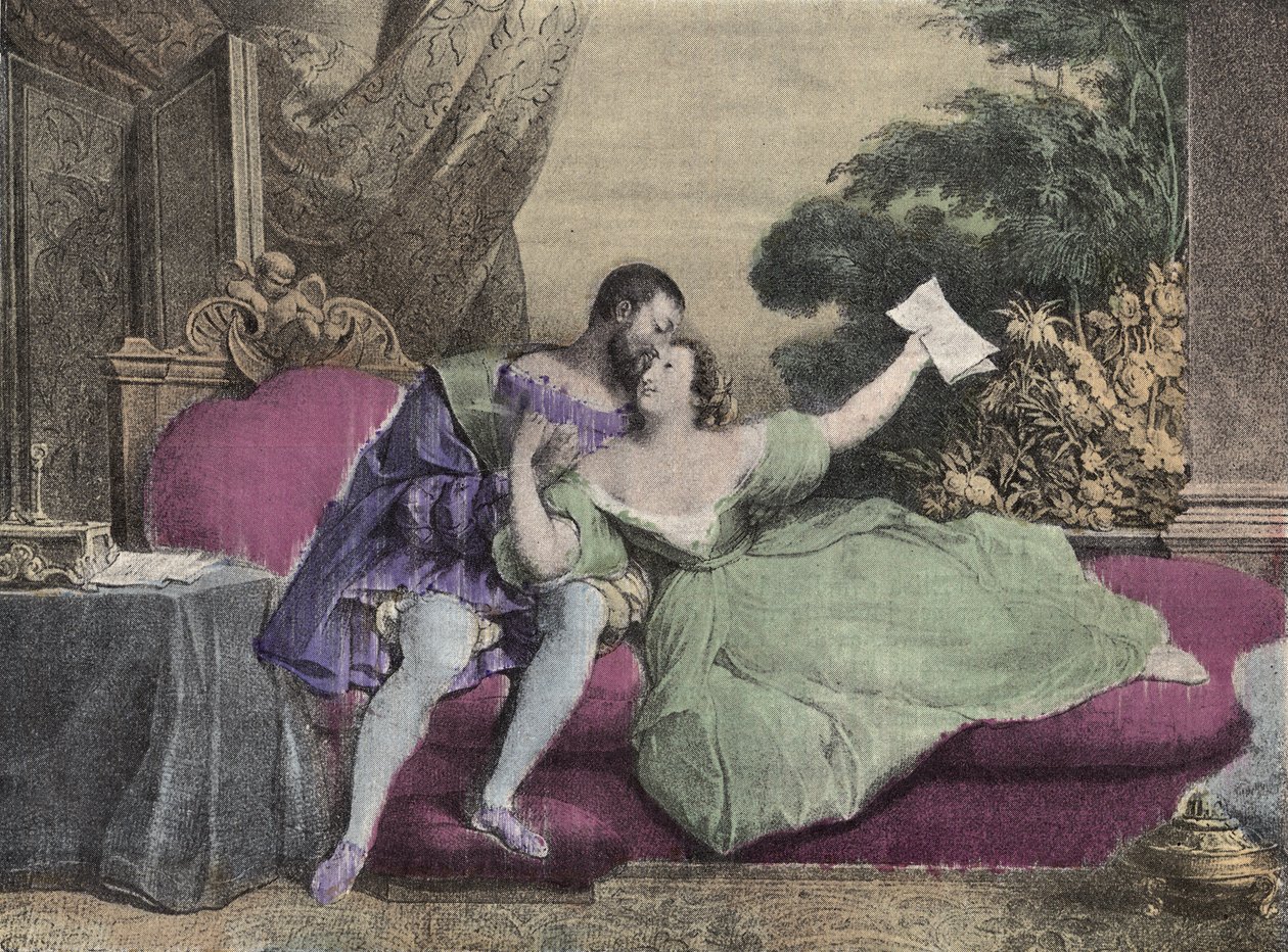 Kungen av Frankrike Francois I (1494-1547) med Diane de Poitiers (1499-1566) Lady of Breze, hertiginna av Valentinois. Litografi av Daveria från 1832 i "" Laughs Et Galanterie"". Weekly Collection of Galantes Images på regi av John Grand-Carteret. av French School