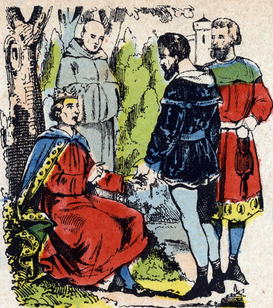 Kungen av Frankrike Louis IX dit Saint-Louis” (1214-1270) gör rättvisa under en ek i Vincennes - Kungen av Frankrike Saint Louis (1214-1270) gör rättvisa under en ek i Vincennes av French School