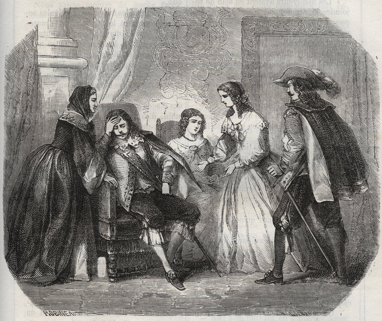 Kungen av Frankrike Ludvig XIII (1601-1643) fångas med migrän när han talar med drottning Anne av Österrike (1601-1666). Gravyr från 1871 i "Histoire Des Cocus Celebres"" av Henry de Kock (1819-1892). av French School