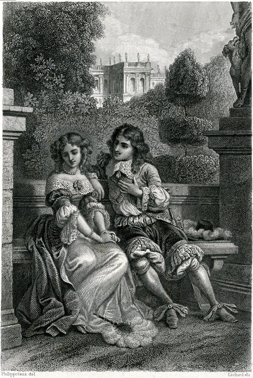 Frankrikes kung Ludvig XIV i galant sällskap med Mademoiselle de la Vallière av French School