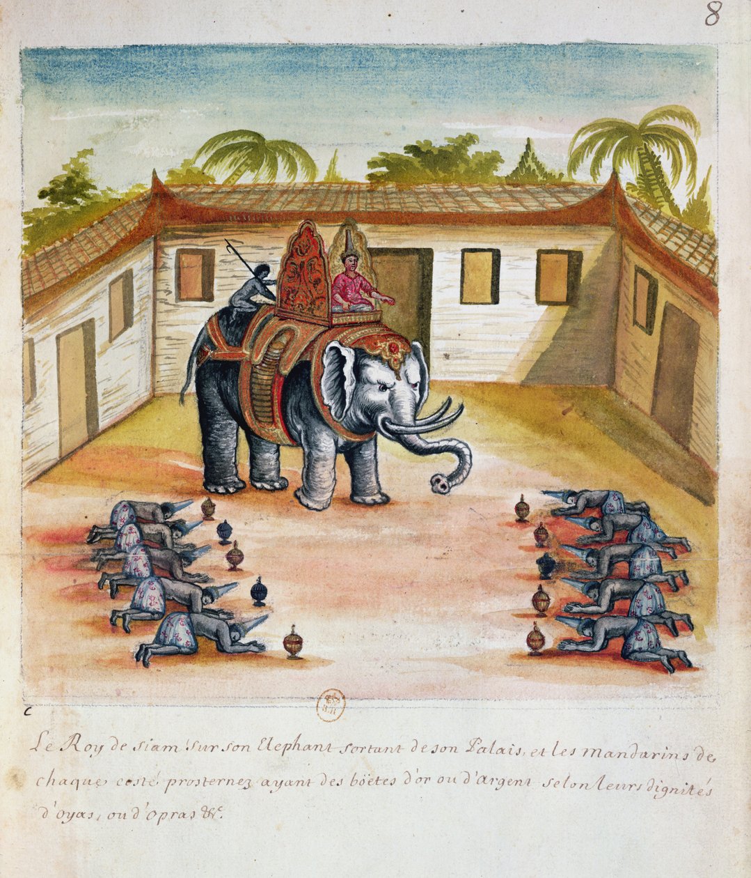 The King of Siam on his Elephant, från en redogörelse för jesuiterna i Siam, 1688 (wc på papper) av French School