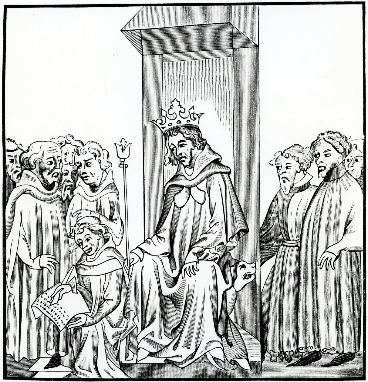 Frankernas kung dikterar den saliska lagen, efter en miniatyr i Chronicles of St. Denis av French School