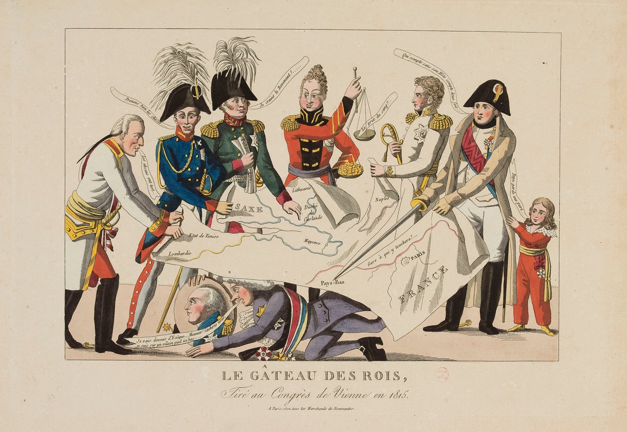 Konungarnas tårta skärs vid Wienerkongressen (november 1814-juni 1815), ca 1815 (färgstick) av French School