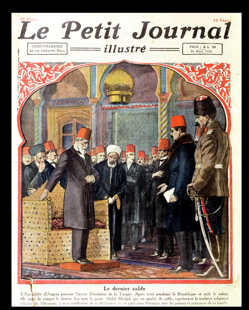Den siste kalifen, Abdul Majid II (1868-1944) avsatt från tronen av Ankara-församlingen, från Le Petit Journal, 1924 av French School