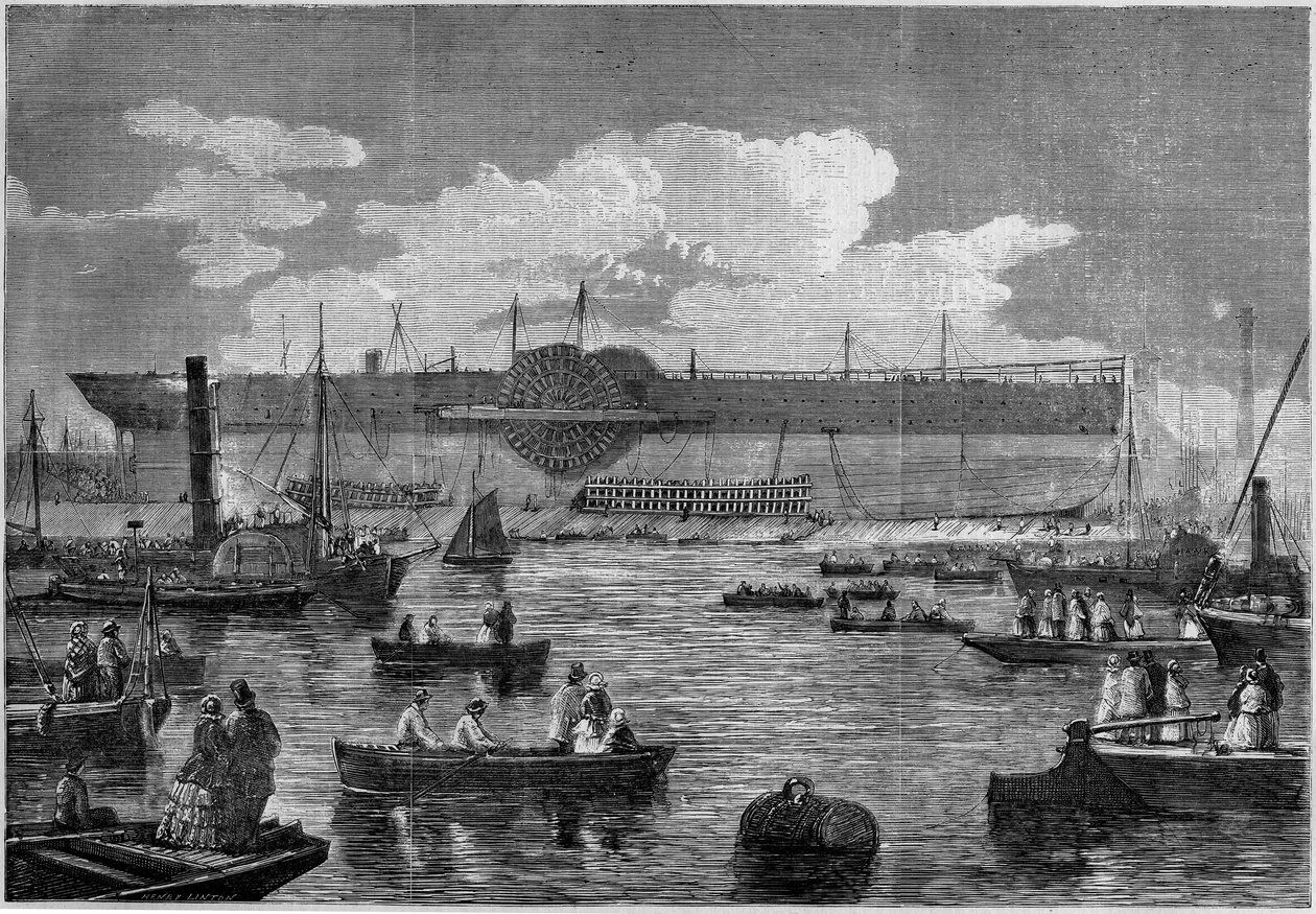 "Leviathan" (Great Eastern), det första gigantiska linjefartyget, under hans försök att sjösätta 1857. Gravyr i "" Le Monde Illustré"" nr 31 av 14 november 1857. av French School