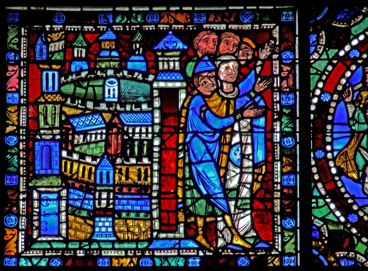 The Life of Christ window: Flight into Egypt - Jerusalems invånare välkomnar återkomsten (w50) av French School