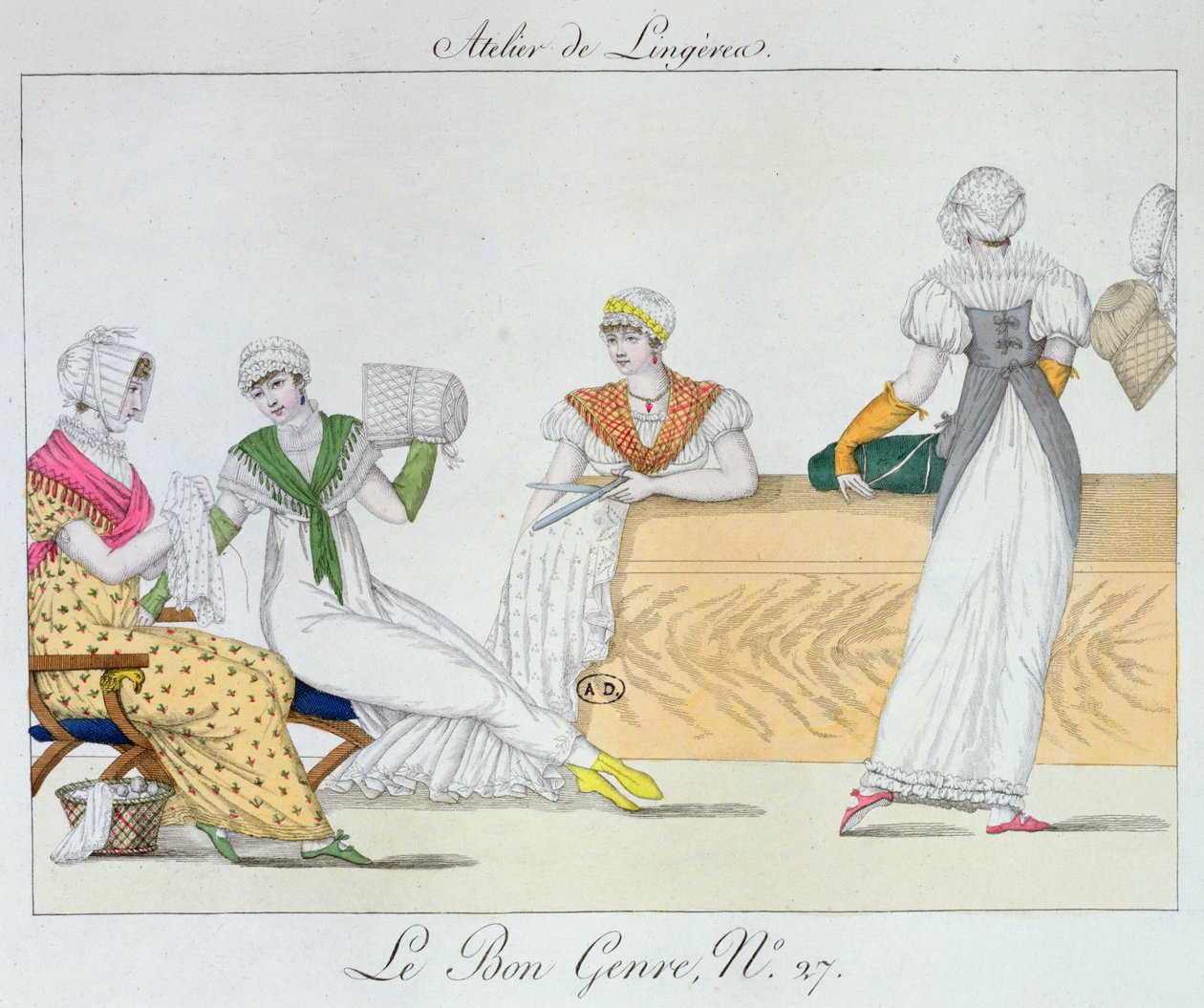 The Lingerie Workshop, skylt 27 från Le Bon Genre, 1827 av French School