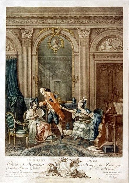 Kärleksbrevet (färgad gravyr) av French School
