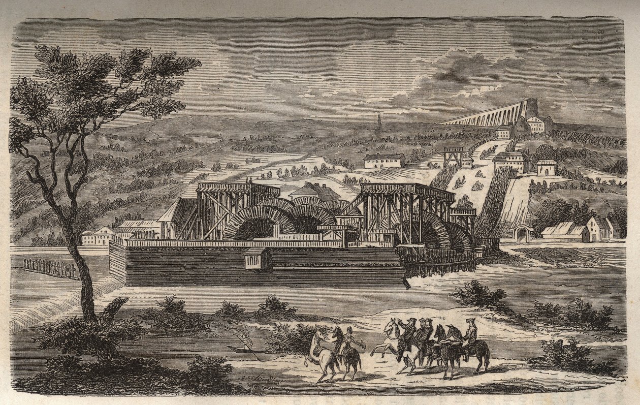 Maskinen i Marly - Vy över maskinen till akvedukten av Marly installerad i Bougival - Akvedukten i Louveciennes (eller Marly) för Versailles och slottet Marly i vatten - gravering i "Histoire de France" av Victor Duruy (1811-1894) ) - 1882 av French School