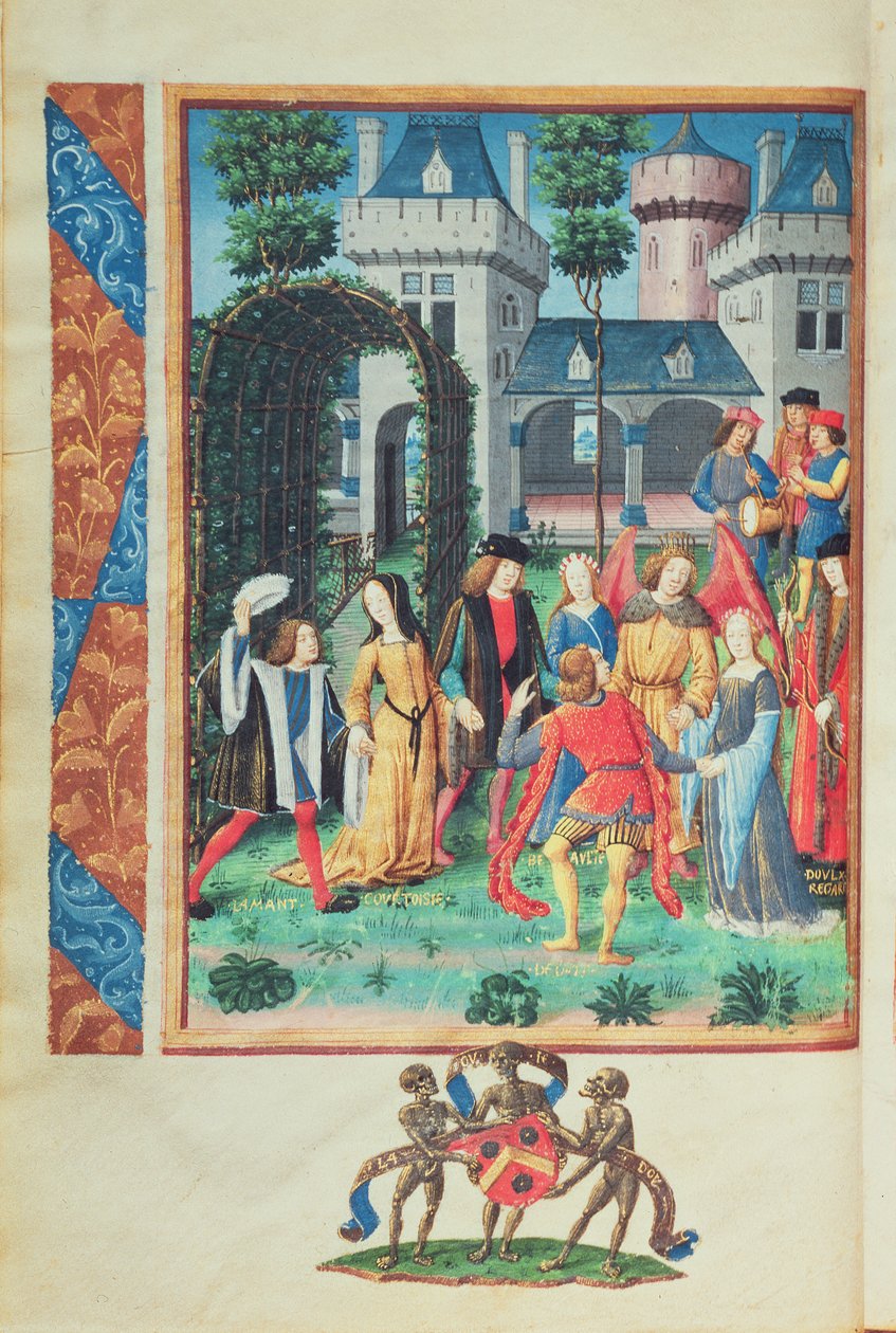 Den magiska trädgården, med allegoriska figurer av artighet, kärlek, skönhet och frihet, från Roman de la Rose (gouache på pergament) av French School