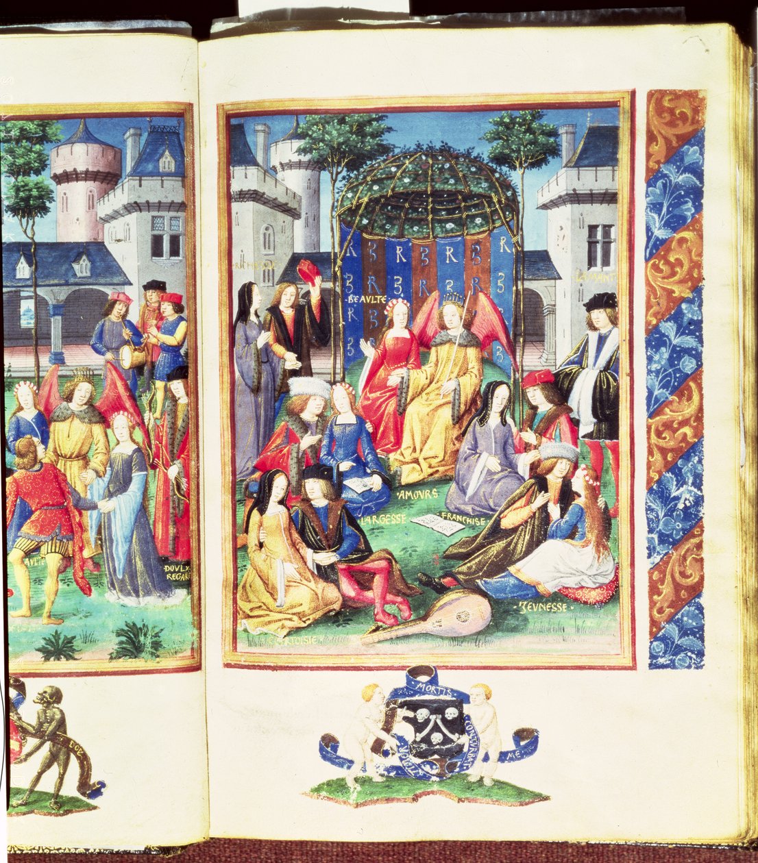 Den magiska trädgården, med allegoriska figurer av rikedom, artighet, frihet, skönhet, kärlek, uppriktighet och ungdom, från Roman de la Rose (gouache på pergament) av French School