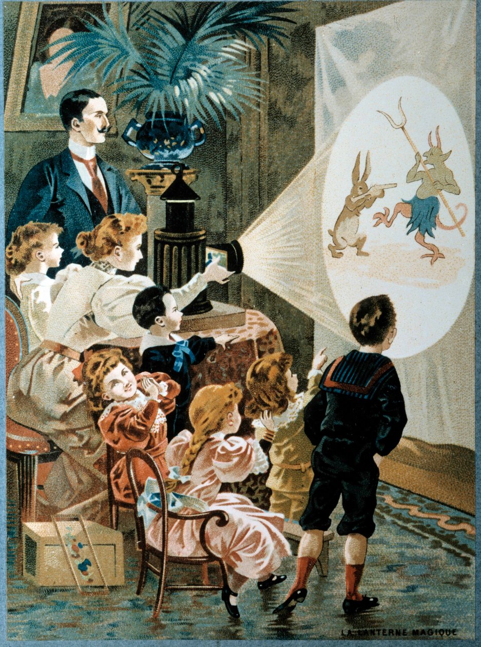 Den magiska lyktan i familjen Barn tittar på den magiska lyktans skärm, 20-tal (kromolitografi) av French School