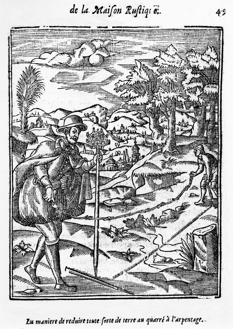 The Way in which to reduce any sort of Ground to the Surveying Square, illustration från LAgriculture et Maison Rustique av Charles Estienne, upplaga publicerad 1641 av French School