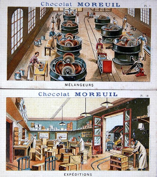 Tillverkning och distribution av choklad, bildreklamchoklad Moreuil, ca 1900 (se även 157413) av French School