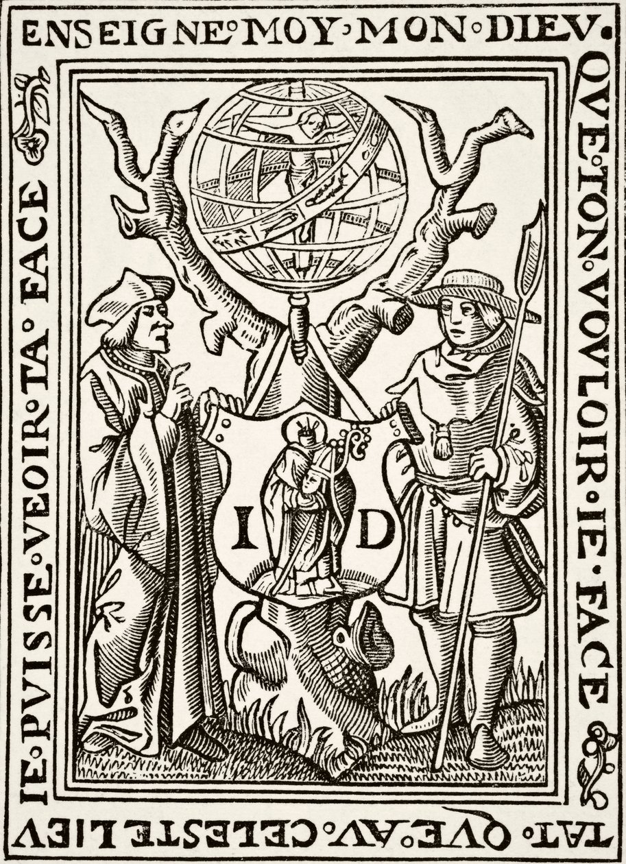 The Marque of Jehan St Denis, Parisien Bookseller, från Science and Literature in The Middle Ages av Paul Lacroix pub. London 1878 av French School