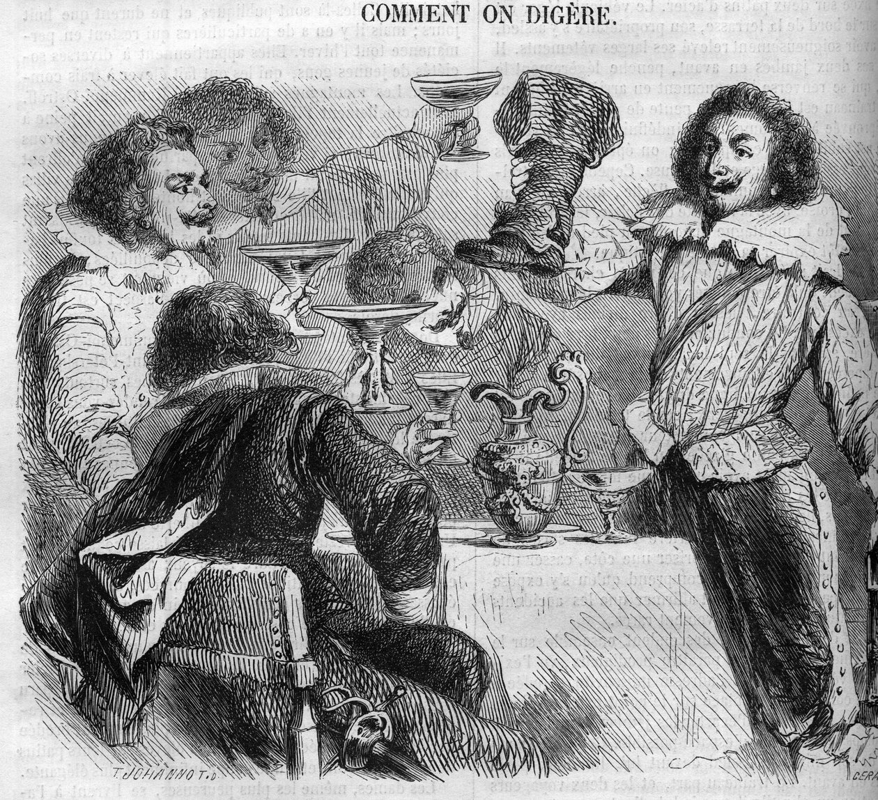 Markisen Francois de Bassompierre (1579-1646) (marechal de Bassompierre) dricker i sin kittelstövel. Gravyr från 1852. av French School