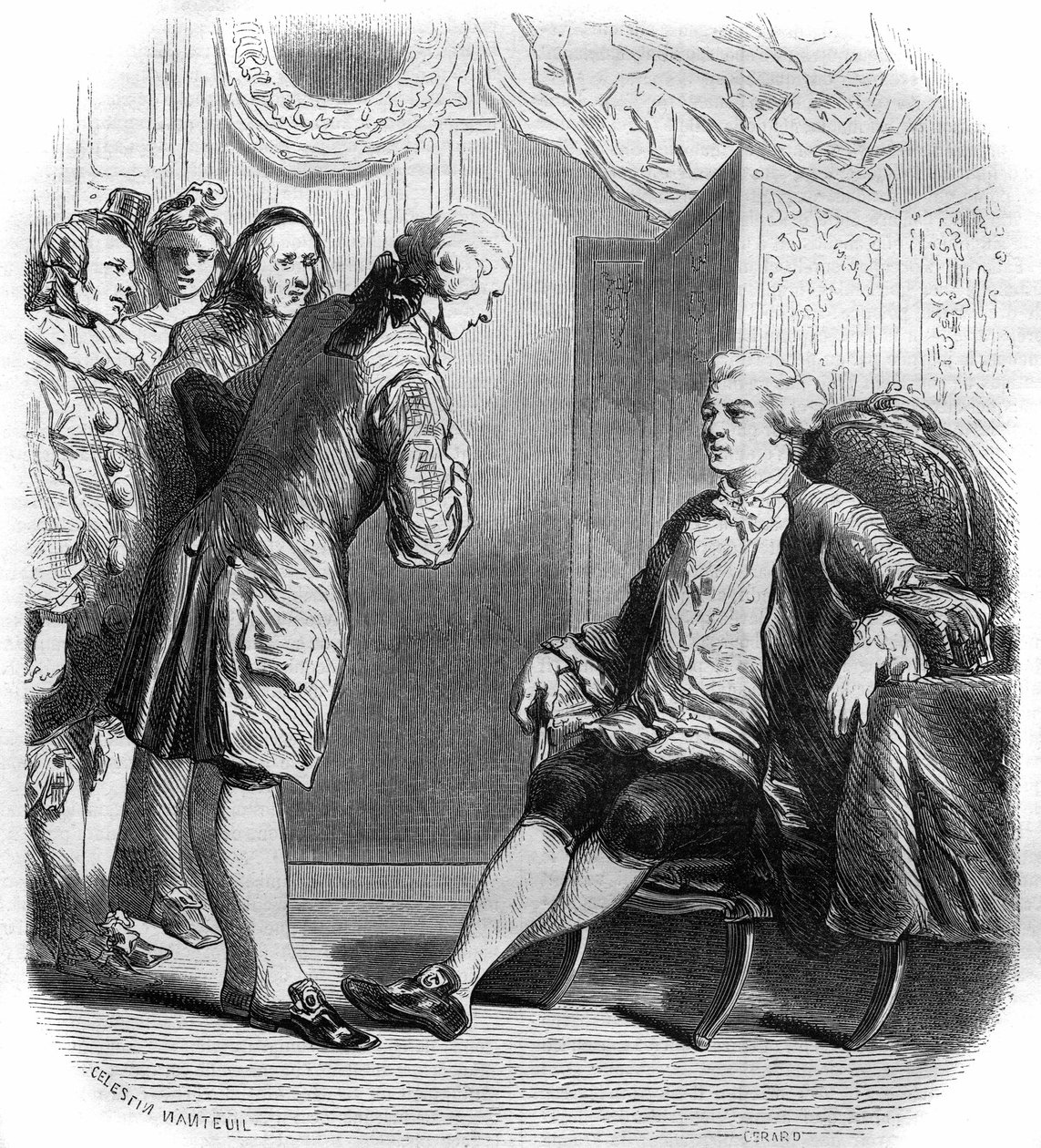 Markisen de Puysieulx tar emot Philippe Nericault Destouches (1680-1754) och hans trupp resande komiker. Gravyr från 1858-1859. av French School